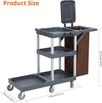 Commercial Janitorial Cleaning Cart on Wheels - Black Housekeeping Caddy with Cover, Shelves and Vinyl Bag