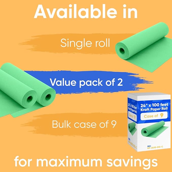 24" x 1200" (100 ft) Green Kraft Paper Roll (Value Pack of 2), 45 lbs Thickness, Made in USA Colored Kraft Paper for School, Bulletin Board - Odorless, Non-Toxic, Safe for Kids