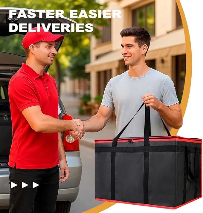 mosago 2PK Insulated Food Delivery Bag - Reusable Thermal Cooler Grocery Bags for Catering & Delivery, Pizza Carrier for Events, Large Capacity Bag Keeps Food Hot/Cold, Commercial, Black with Red Trim