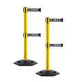 CCW Series WBB-200D - Set of 2 Retractable Dual Belt Stanchion Safety Barrier, Heavy-Duty Rubber Base Yellow Post (9 Foot Belt, Black with"This Line Closed" White Letters Belt)