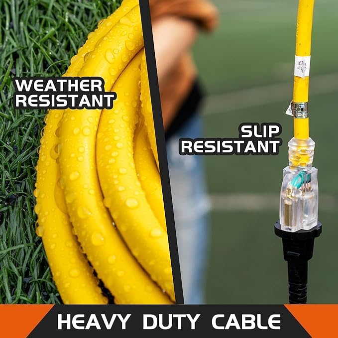 3-Outlets Indoor Outdoor Extension Cord Weatherproof with Lighted End, UL Listed, 10 Gauge 10FT Yellow 3 Prong Heavy Duty, 10/3 SJTW 15A Extension Cord