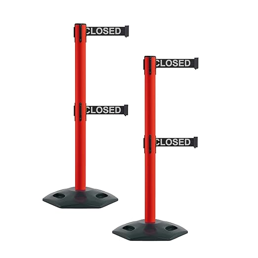 Montour Line MSR630D Set of 2 Retractable Belt Barrier Stanchion, Heavy-Duty Rubber Base, Red Post (9 ft Black with"This LINE Closed" White Letters Dual Belt)