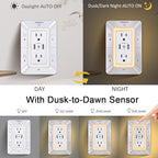 USB Wall Charger, Surge Protector, POWRUI 6-Outlet Extender with 2 USB Charging Ports (2.4A Total) and Night Light, 3-Sided Power Strip with Adapter Spaced Outlets - White，ETL Listed