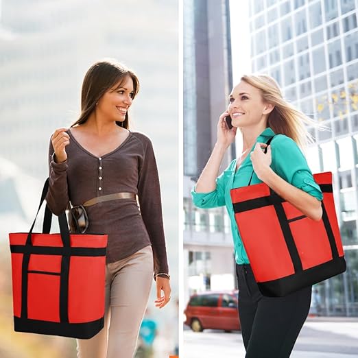 2Pk Insulated Reusable Tote Bag for Grocery Shopping for Women, Pizza/Food Delivery Bag to Keep Food Cold/Hot for Professional Catering, Cooler bags for Travel/Beach/Picnic, Red