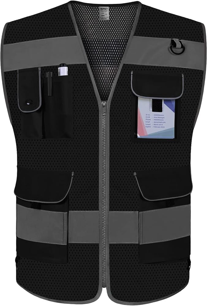 TCCFCCT Mesh High Visibility Safety Vest for Men Women 9 Pockets Hi Vis Reflective Vest for Safety, Work Vest with Reflective Strips, Meets ANSI/ISEA Standards, (Black, 5X-Large)