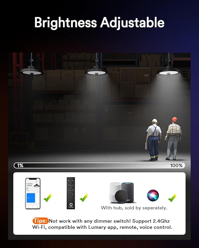 Lumary Smart UFO LED High Bay Light Motion Sensor 100W via Hub, Compatible with Alexa Google, Bluetooth Hanging Shop Lights for Garage w/Remote, 16000Lm Brightness Dimmable 1-100%, 5000K for Workshop
