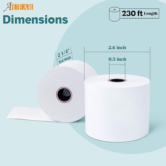 AUEAR, Thermal Cash Register POS Paper Rolls, 2 1/4" x 230' - BPA Free (50 Pack)