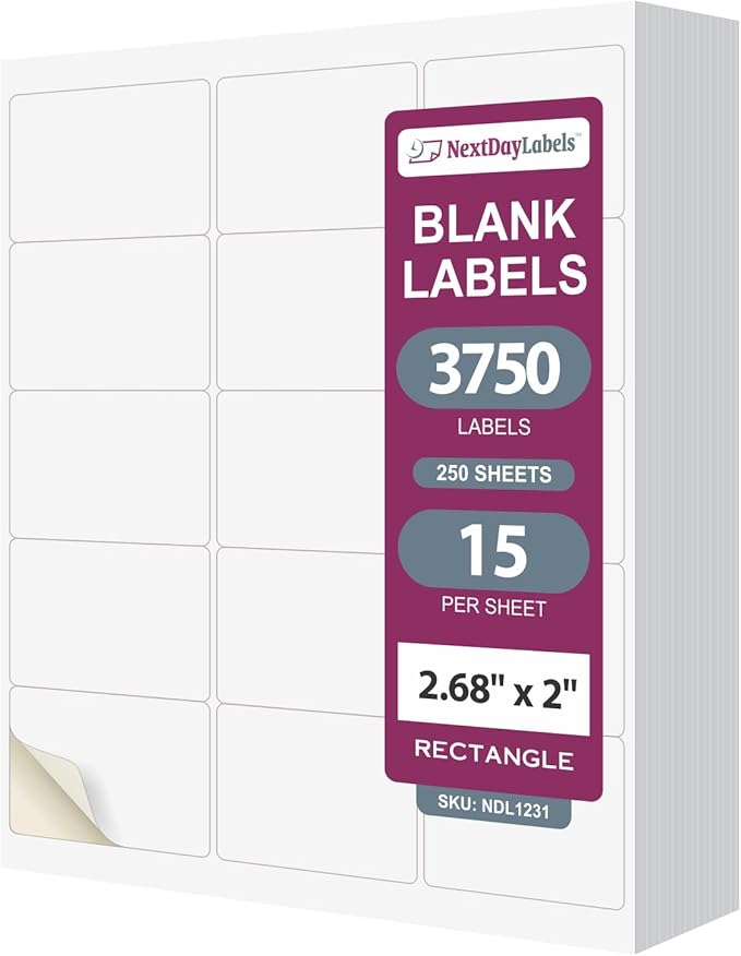 NextDayLabels – 2"-11/16 x 2 Rectangular Sticker Labels for Printer - White Laser/Inkjet Printer Labels Return Address Labels Shipping Label Stickers (250 Sheets, 15 Per Sheet, 37500 Labels)