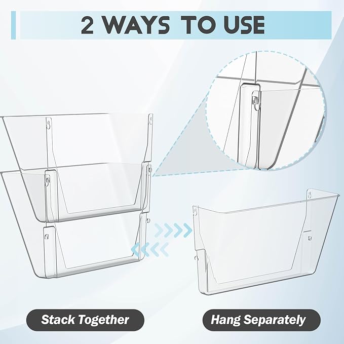 Clear Acrylic Single Pocket, Plastic Hanging Wall Mount File Holder for Office Home (White, 3 Pack)