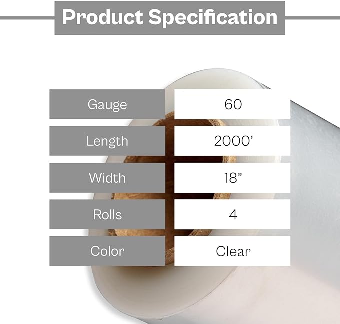 PSBM 4 Rolls 18 Inch x 2000 Feet 60 Gauge Stretch Film/Wrap, Heavy Duty Industrial Strength Up to 800% Ultimate Stretch, Clear Shrink Plastic Wrap for Moving, Packing, Shipping & Storage
