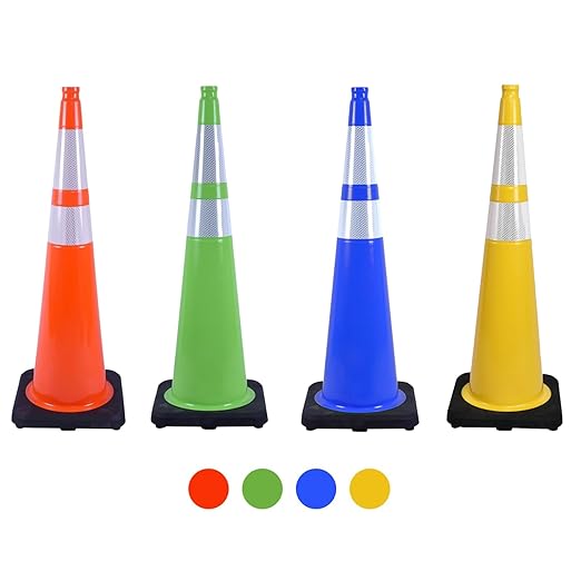 4 Pack 36 Inch Blue Traffic Cones Black Base, Tall Durable Safety Cones for Driveway Control, Event Organization, Construction Zones (4, Blue, 36 Inch)