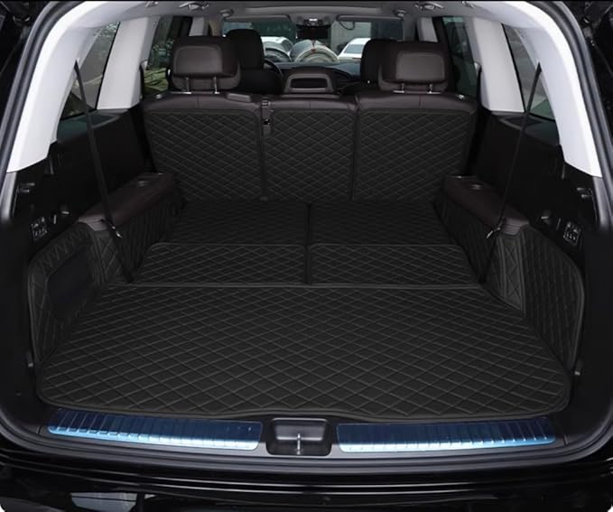Full Coverage Trunk Cargo Liner for Mercedes GLS Class 2+2+2 Seater Rear Cargo Mat+Backrest Mat+Both Sides Panel Replacement Trunk Cover for Mercedes GLS Accessories(Black w/Black Stitching)