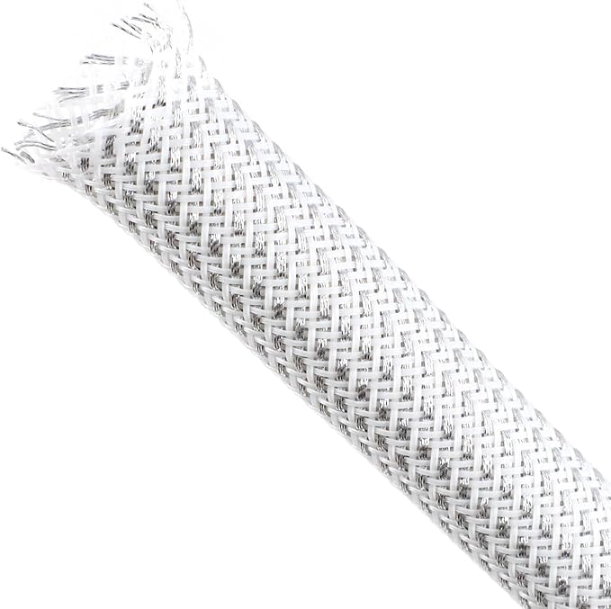 Braided Cable Sleeving, PET Expandable Braided Cable Sleeve, Flexible Mesh Sleeving Cord Management for Audio Video and Other Home Device, Cord Protector from Pets (White Silver, 1/4" x 25ft)