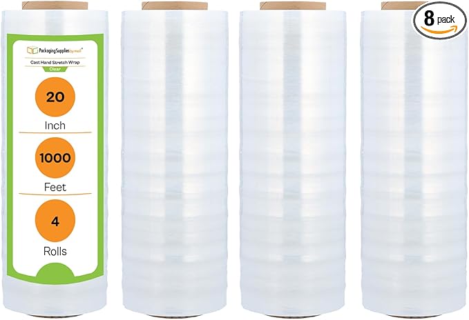 Stretch Film Wrap, 20 Inch X 1000 Feet, 8 Pack, Clear Plastic Shrink Wrap, Stretch Film Rolls for Packaging, Moving, and Pallet Wrapping