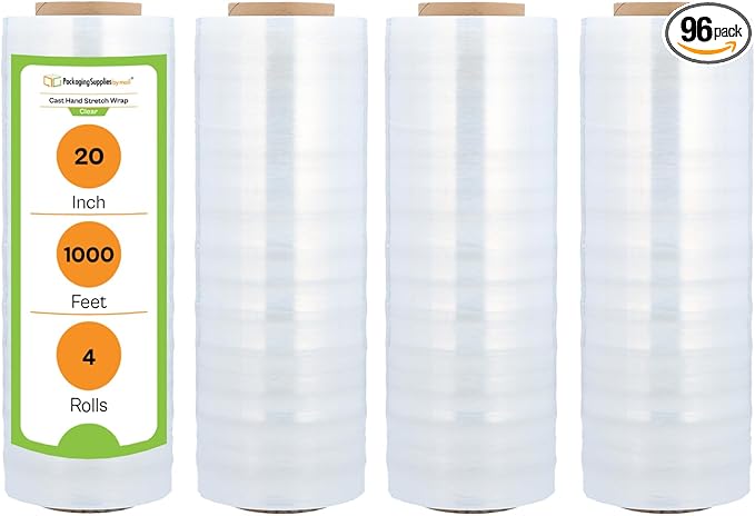 PSBM 96 Rolls 20 Inch x 1000 Feet Stretch Film/Wrap, Heavy Duty Industrial Strength Clear Shrink Plastic Wrap for Moving, Packing, Shipping, Pallet Wrapping & Storage