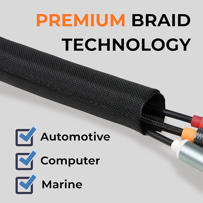 1-1/4 inch Split Braided Cable Management Sleeve for USB Cable Power Cord Audio Video Cable, Wire Loom Cord Protector from Cat Dog Chewing (Black, 10FT)