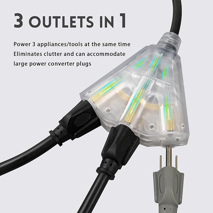 EP 15 Ft Lighted Outdoor Extension Cord with 3 Electrical Power Outlets - 14/3 SJTW Heavy Duty Black Extension Cable with 3 Prong Grounded Plug - Power Cord for Lawn, Garden, Appliances