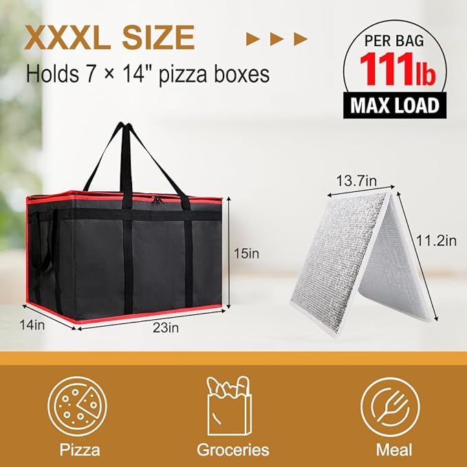 2PK Insulated Food Delivery Bag with Baseboard — Reusable Thermal Cooler Grocery Bags for Catering & Delivery, Pizza Carrier for Events, Large Capacity Bag Keeps Food Hot/Cold for Travel, Commercial