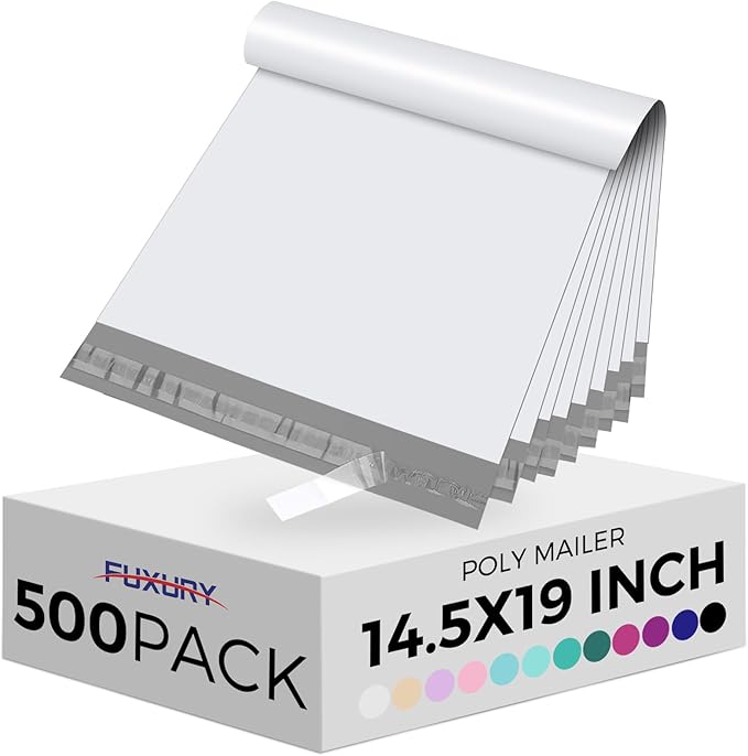 Fuxury 500 Pcs Poly Mailers 14.5x19 Inch, Bulk Shipping Bags for Clothing, Strong Adhesive Shipping Envelopes for Small Business Suppliers,Waterproof Mailers Poly Bags Mailing Envelopes White