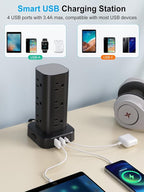 Power Strip Tower with Multiple Outlets, Flat Plug Surge Protector Tower Extension Cord with 12 AC Outlets 4 USB Ports (2 USB C), 15FT Cord Power Tower Surge Protector for Home Office Dorm Room, Black