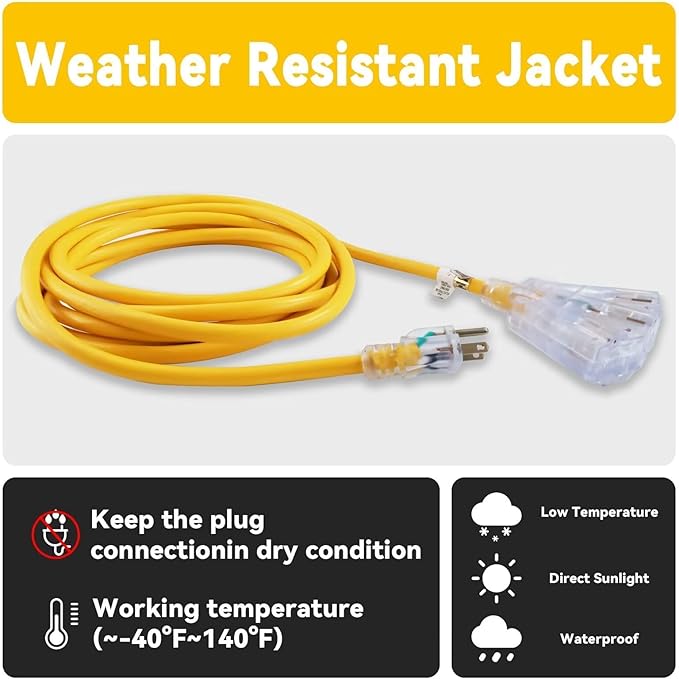 EP 6 Ft 12 Gauge Heavy Duty Extension Cord, 15A 125V 1875W, 3 Outlet Indoor/Outdoor Power Cord with Lighted End, 12/3 SJTW Weatherproof Yellow, UL Listed