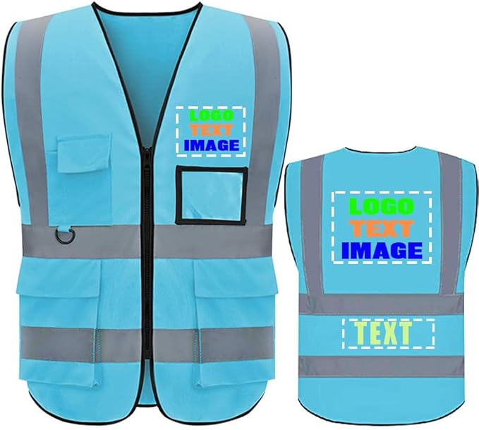 High Visibility Safety Reflective Vest with Pockets and Zipper Construction Hi Vis Work Vest(Blue XL)