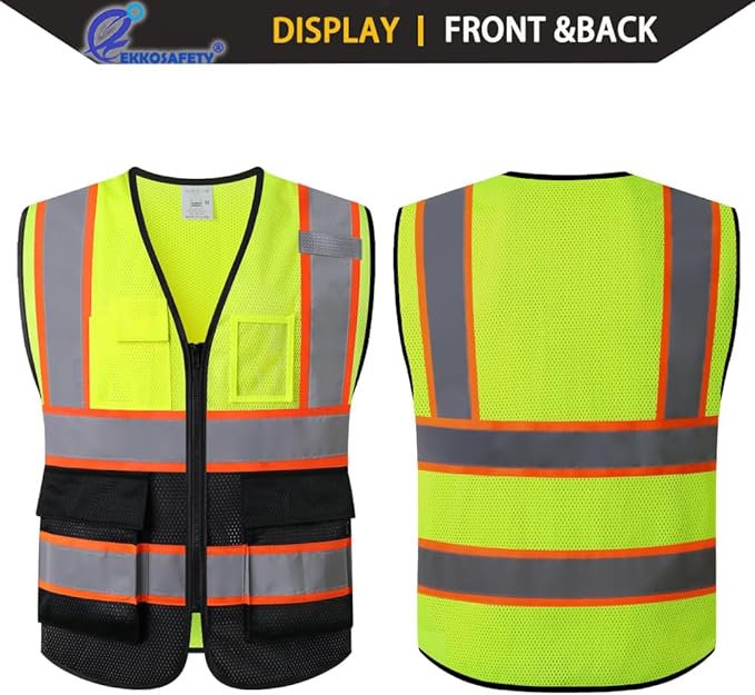 Reflective Mesh Safety Vest for Men Women with 5 Pockets and Zipper Front High Visibility Mesh Vest Hi Vis Construction Work Vest,Meets ANSI/ISEA Standards(EK175-Yellowblack-M)