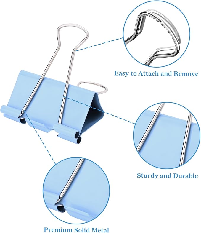 Temiary Aesthetic Binder Clips, 24 Pcs 1.6 Inches Small Metal Binder Clip with Clear Storage Container, Binding Paperwork Clamps for School Teachers Office Supplies (Blue)