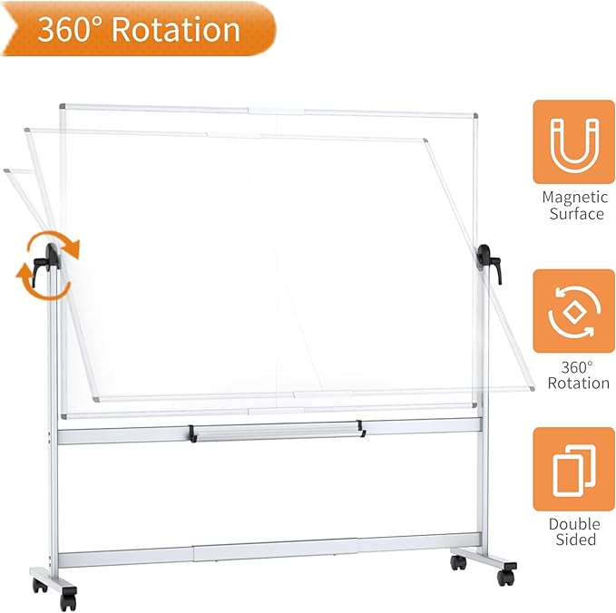 VIZ-PRO Double-Sided Mobile Whiteboard, 72 x 40 Inches, Magnetic Rolling Dry Erase White Board on Wheels with Aluminium Frame and Stand