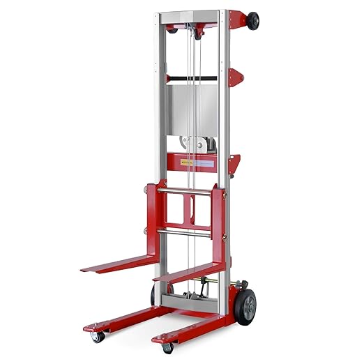 122" Material Lift Winch Stacker, 400 lbs Capacity Manual Material Lifts, Fixed Straddle Material Lifter, Hand Winch Lift Trucks for Warehouse, Factory, Lightweight, 34.60" L x 24.80" W, Red
