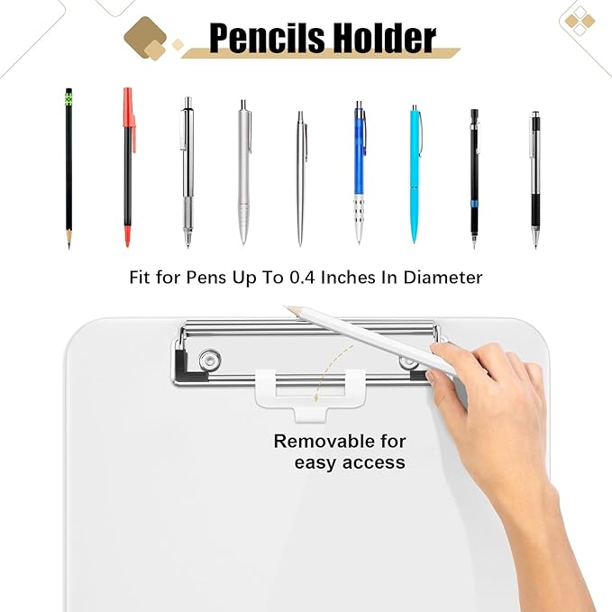 Hongri Plastic Clipboard with Pen Holder, White 8.5x11 Letter Size Clip Board for Classroom, Office, Students, Nurses and Women, Low Profile Clip, Size 12.5 x 9 in(Pack of 2)