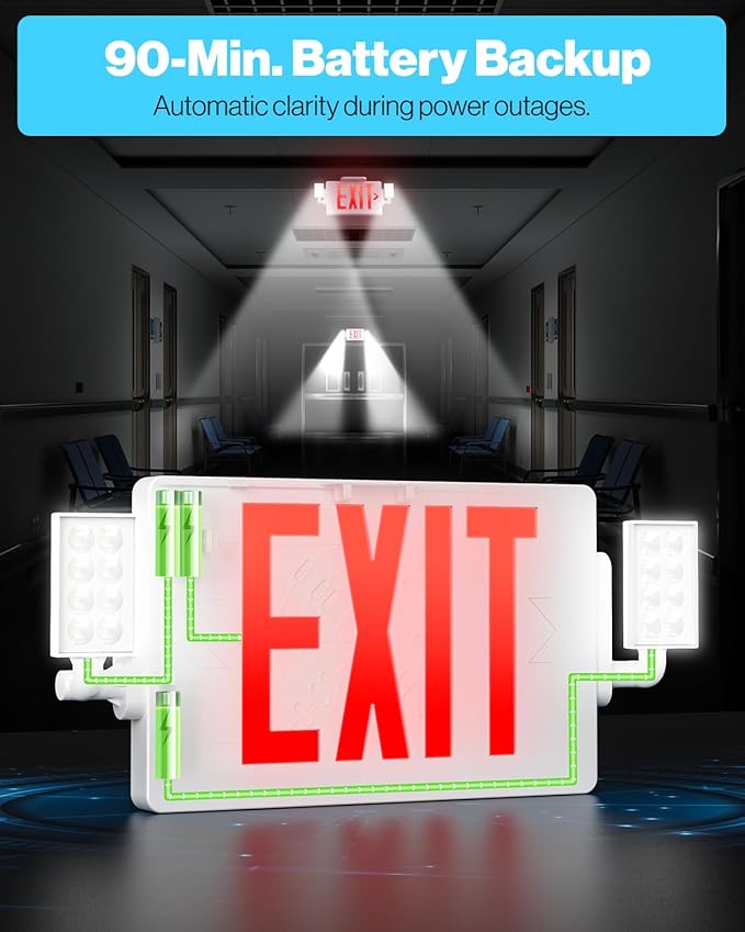 Sunco Exit Signs With Emergency Lights, Two Adjustable LED Lights With Backup Battery, Red, 94V-0 Fire Resistant, 120-277V, Wall Or Ceiling Mount, Commercial Grade UL.