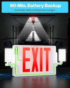 Sunco Exit Signs With Emergency Lights, Two Adjustable LED Lights With Backup Battery, Red, 94V-0 Fire Resistant, 120-277V, Wall Or Ceiling Mount, Commercial Grade UL.