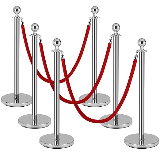 Silver Stanchion Post for Red Carpet, 6 Pack Stanchions and 4pcs Red Velvet Ropes, Fillable Plastic Base can Fill with Sand/Water, Queue Barrier Line Divider for Airport,Parties,Events,Clubs