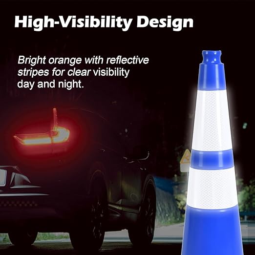 4 Pack 28 Inch Blue PVC Traffic Cones Black Base Stable Flexible, Road Safety Construction Zone Crowd Control Parking Safety Cones (4, Blue, 28 Inch)