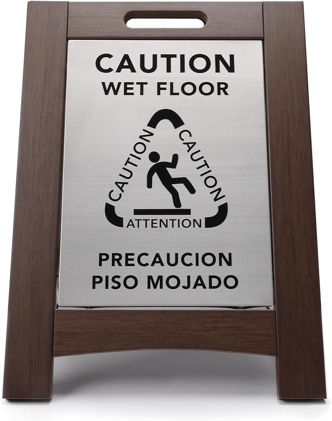 Premium Outdoor Composite Caution Wet Floor Sign – Bilingual w/Non-Skid Plastic Feet, Black Plate – For Hotels, Schools, Offices, Areas, Restrooms, Pool Decks & Shops, Brown