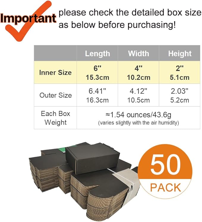 50 Pack 6x4x2'' Small Shipping Boxes, Corrugated Cardboard Mailers for Business, Black (CM642B)