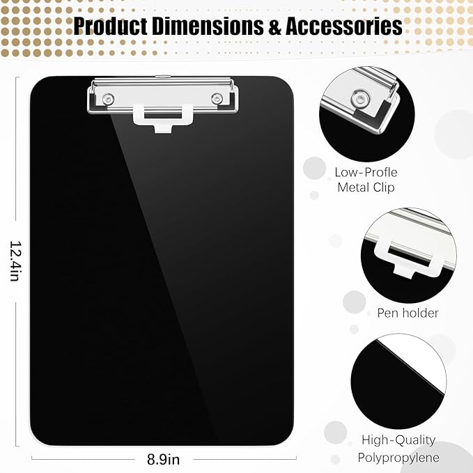Hongri Plastic Clipboard with Pen Holder, Black 8.5x11 Letter Size Clip Board for Classroom, Office, Students, Nurses and Women, Low Profile Clip, Size 12.5 x 9 in(Pack of 2)