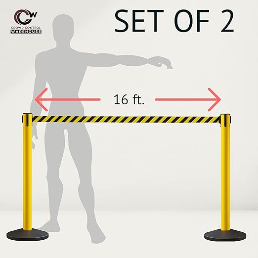 Crowd Control Warehouse CCW Series RBB-150 - Set of 2 Stanchion Retractable Belt Barriers - 16 Foot, Red"Authorized Access ONLY" White Letters Belt with Yellow Post - Easy Assembly