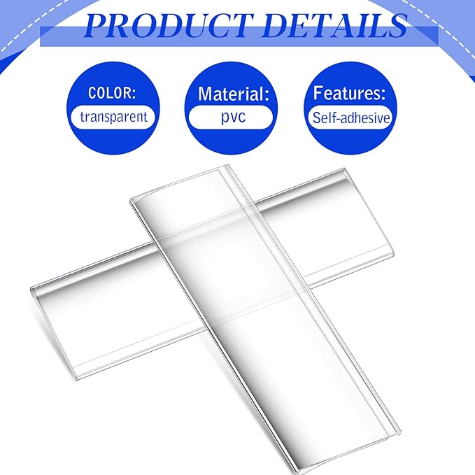 Yexiya 150 Pieces 3 x 1 Inch Clear Plastic Self Adhesive Label Holders Clear Shelf Tag Price Label Holders Bulk with Paper Inserts for Supermarket School Library Bookshelves Mailbox Storage Bins