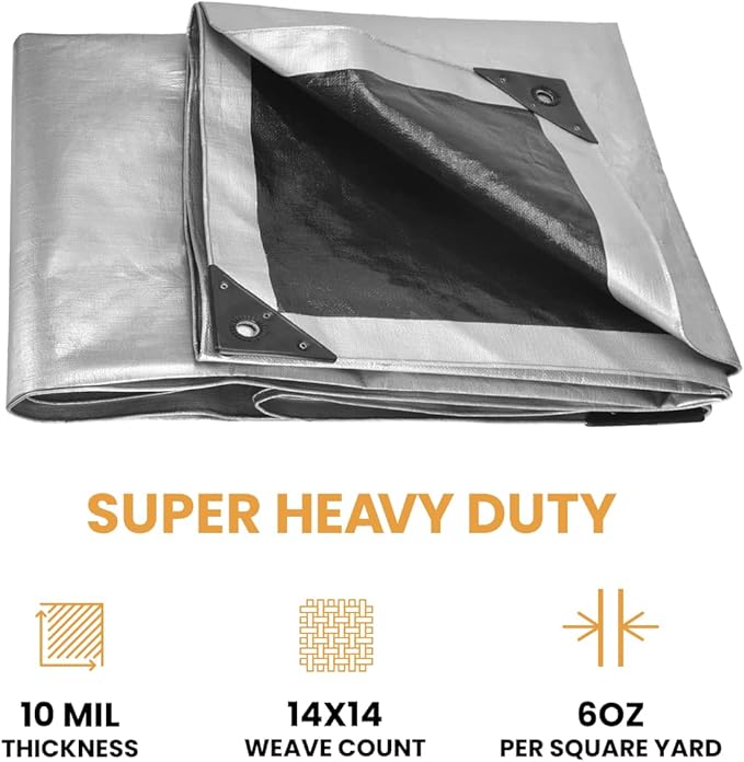 WHITEDUCK Super Heavy Duty Poly Tarp Cover 16 Mil & 10 Mil with Grommets and Reinforced Edges (Brown, White & Silver Black) (Silver Black- 10 Mil, 10' x 20')