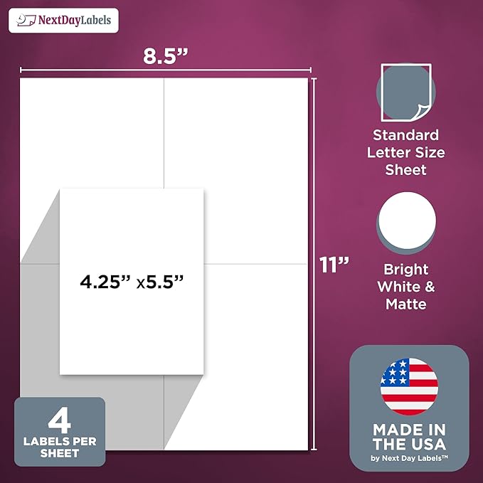 NextDayLabels - Laser/Ink Jet White Labels (4-1/4" x 5-1/2" - 4 Per Page | 100 Labels)