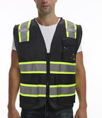 9 Pocket Hi Vis Safety Vest with Reflective Strips - Zipper Construction Work Vest for Men & Women - Black, 3XL