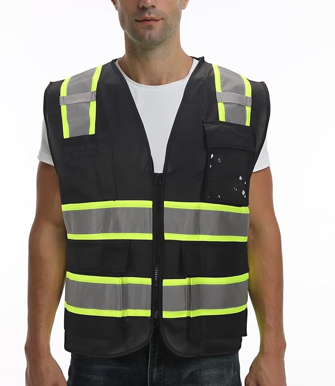 9 Pocket Hi Vis Safety Vest with Reflective Strips & Zipper Closure - Black, XL