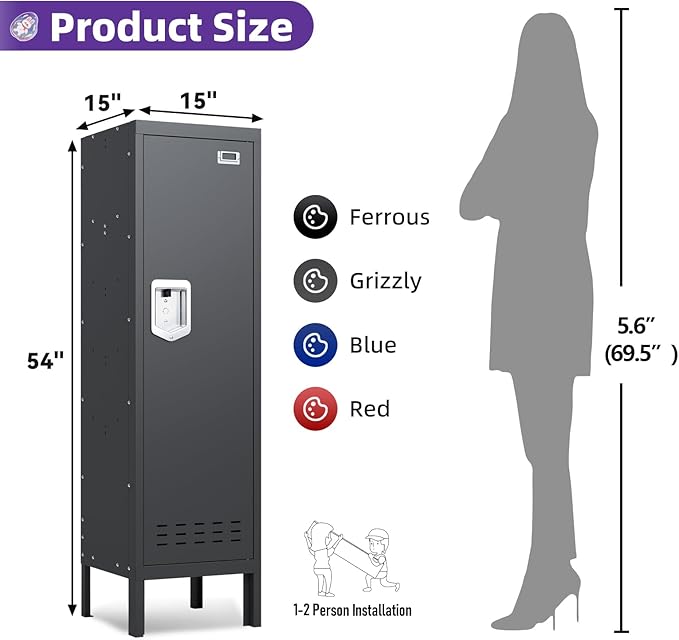 Metal Cabinet Home Office Storage, Lockable Steel Locker with Door, 54" Height, Multi-Purpose for Home, Office, Gym, School, Garage