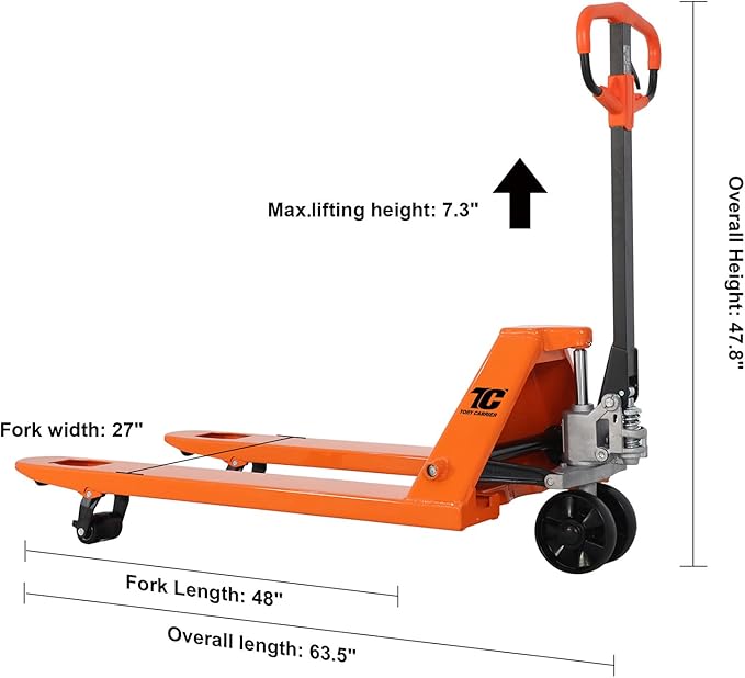 Tory Carrier Pallet Jack Hand Truck Manual Pallet Jacks 5500-Lb. Capacity, 27 x 48 Forks Standard Duty, Rubber Handle, Nylon Wheels