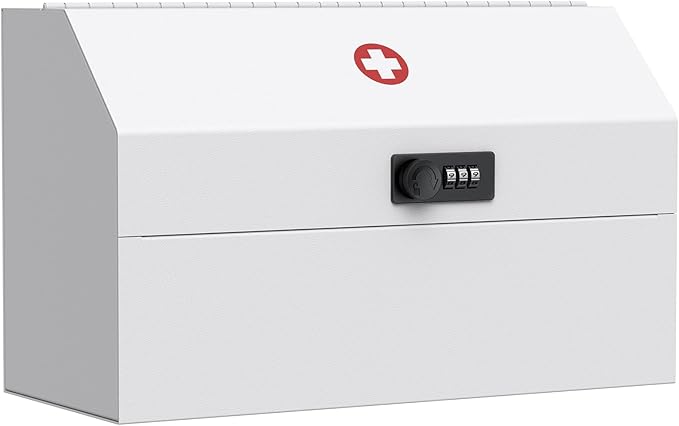 Uniclife Wall Mount Medicine Cabinet with Combination Lock Locking First Aid Cabinet Lockable Medical Cabinet Small Medicine Organizer Secure Steel Wall Cabinet Metal Storage Box, White