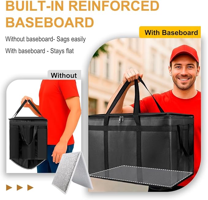 2PK Insulated Food Delivery Bag with Baseboard - Reusable Thermal Cooler Grocery Bags for Catering & Delivery, Pizza Carrier for Events, Large Capacity Bag Keeps Food Hot/Cold for Travel, Commercial