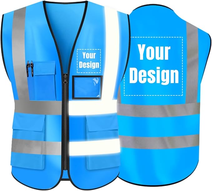YOWESHOP High Visibility Safety Vest Custom Your Logo Protective Workwear 5 Pockets With Reflective Strips Outdoor Work Vest (Blue (4XL))