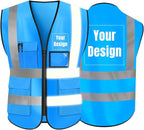 YOWESHOP High Visibility Safety Vest Custom Your Logo Protective Workwear 5 Pockets With Reflective Strips Outdoor Work Vest (Blue (2XL))